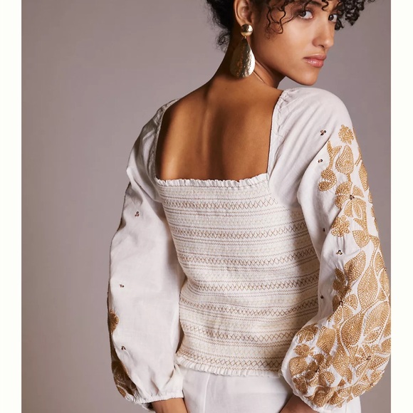 NWT Anthropologie White Embroidered Puff Sleeve Square Neck Top Medium - Picture 3 of 8